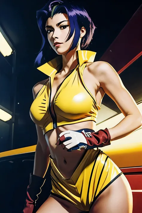 Step into the captivating universe of Cowboy Bebop and envision a scene where Faye Valentine, the iconic femme fatale, stands be...