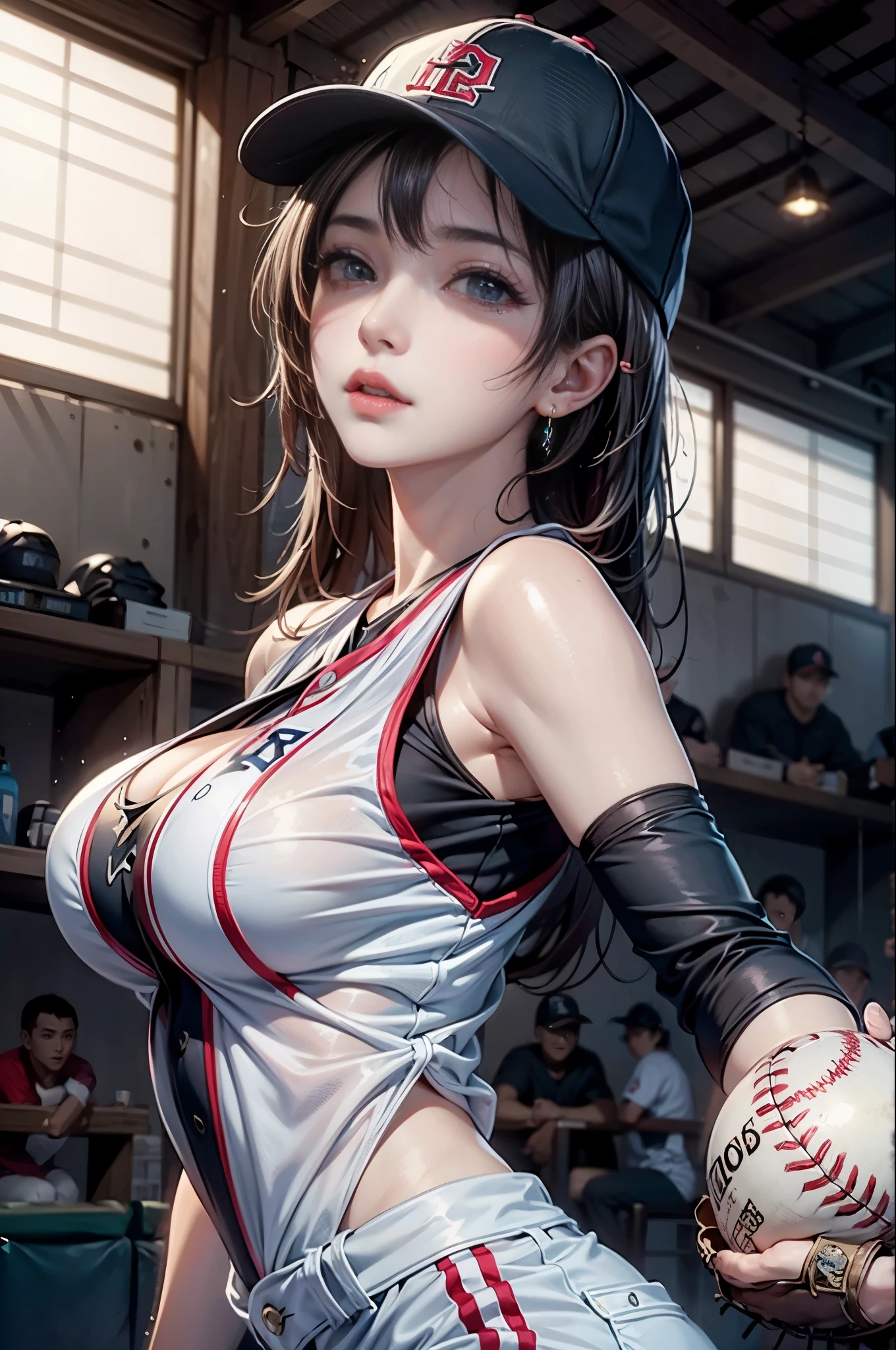 (Detail of a very beautiful face), (best quality:1.4), 8k resolution, high resolution, 1 woman, Beautiful woman, best beauty, Super beautiful detail face, Smooth skin, Beautiful eyes are not meticulous, Delicate skin texture, lip gloss, lips open, Japanese, Baseball uniform, Baseball cap,, Large Breasts, Thin waist, Big Ass, Play baseball, baseball field, Sweating all over, Work up a sweat, sports, jump, Dynamic poses,hand details（1.5）