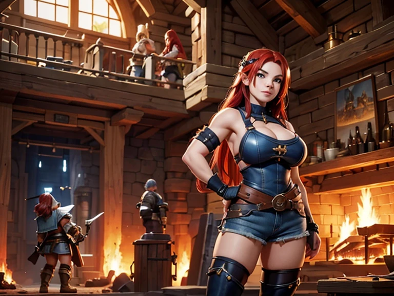 RPG fantasy, dwarf girl, blue eyes, redhead, long spiky hair, big breasts and wide hips, muscular body, defiant cynical smile, welding mask (over head) leather apron, impossible denim shorts, leather boots, sensual pose on a huge anvil in a dwarven forge 🔥✨, adventure and magic anime, wide back view, HD+ quality,