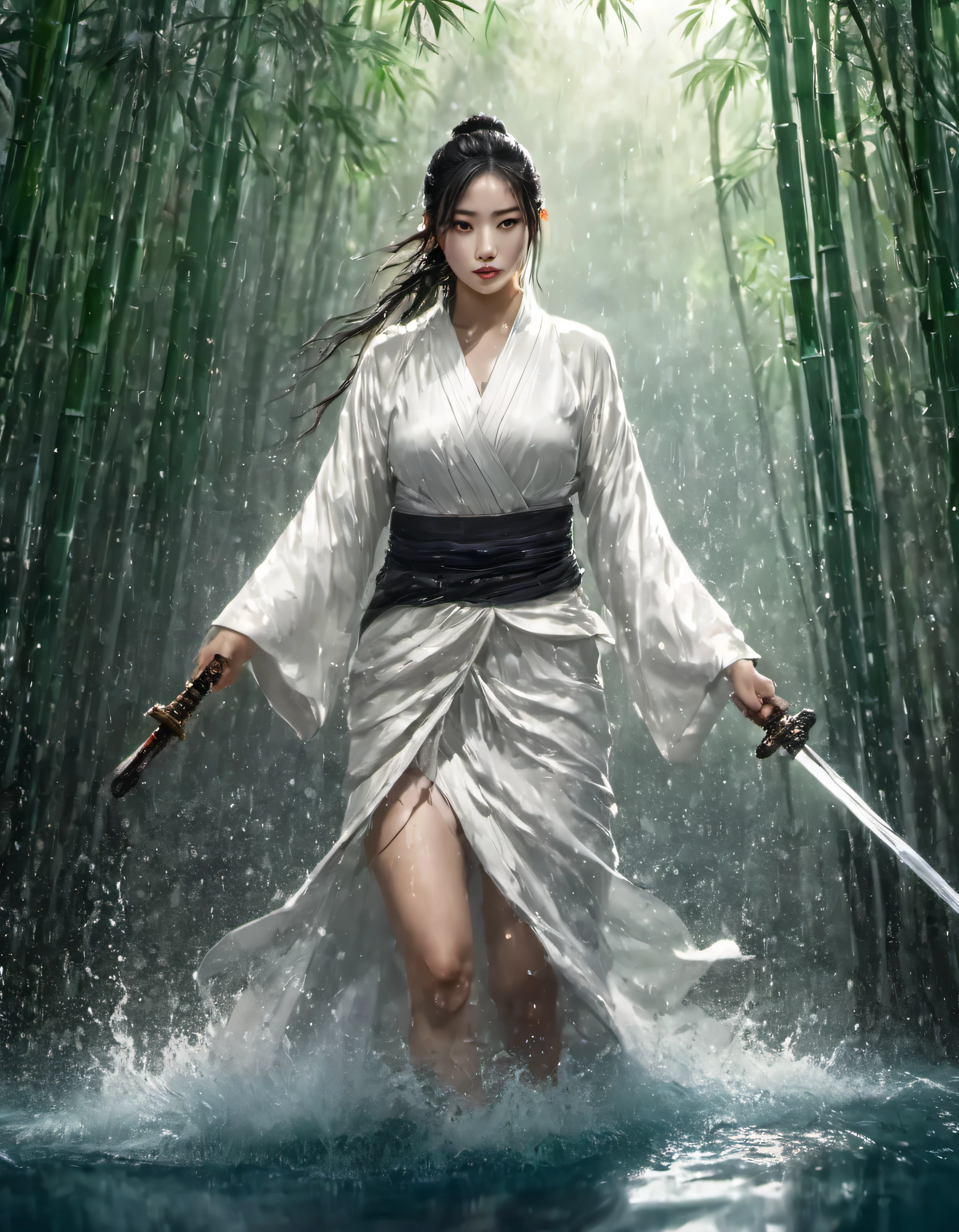 (Ultra Realistic), highly detailed, Raw photo, masterpiece,best quality,cinematic lighting,natural shadow,highest detail,professional photography,detailed background,depth of field,insane details,intricate,aesthetic,subsurface scattering,dynamic angle,A young and cute swordswoman in white Han costume stands in the water, She waved her sword,Doing very cool moves, The water in the gourd overflowed, water droplets, sparkling, bamboo forest, river, Bamboo leaves fall, Chasing the light, animation style images, CG animation, Fantasy artwork,lower style
