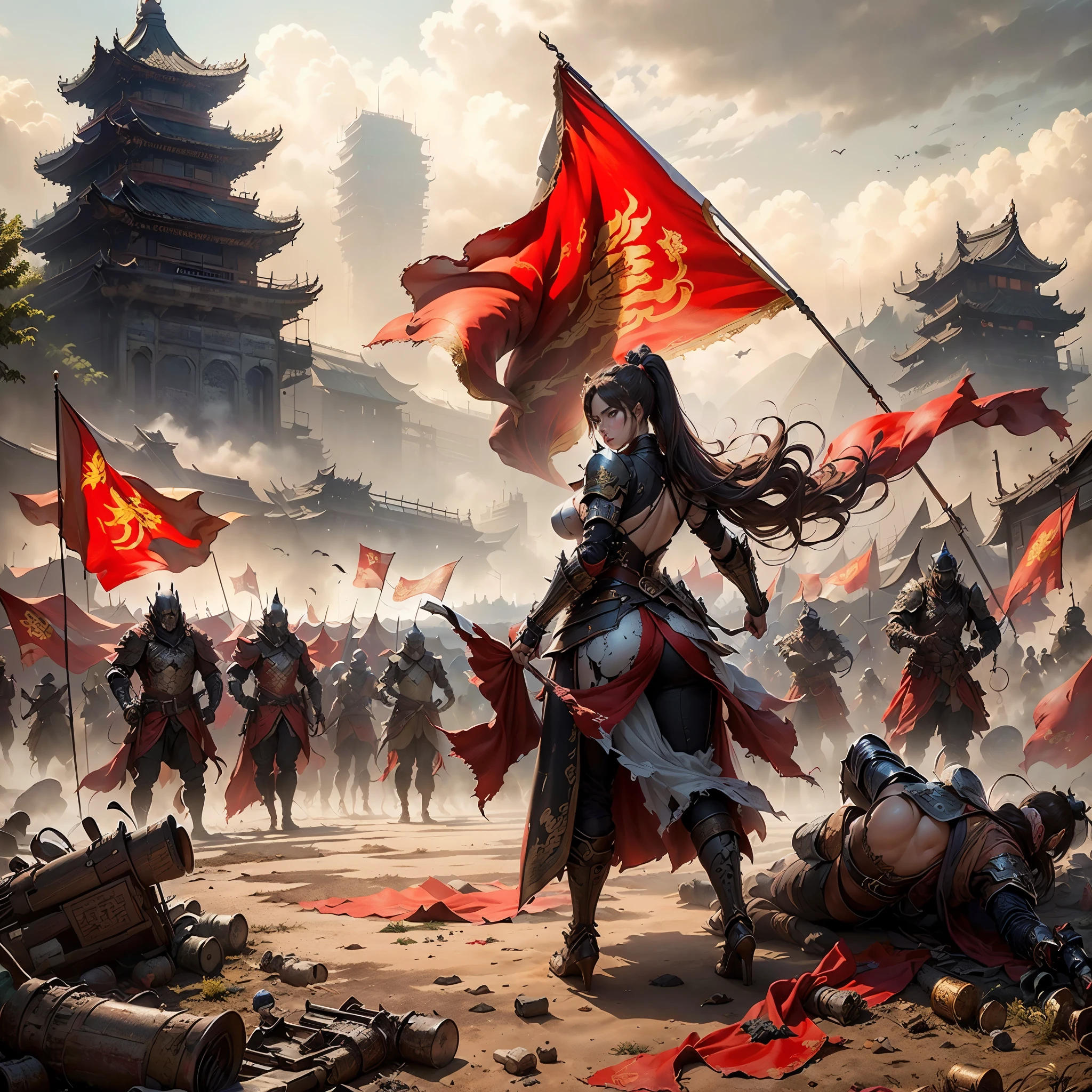 ((Epic creation，Ancient battlefield of China，A woman in armor holds a tattered red flag，bodies everywhere，Rich scene details，siege，In the distance is the tall city gate))，((8k+Ultra-high resolution+Ultra HD+masterpiece+detailed)),(high ponytail)