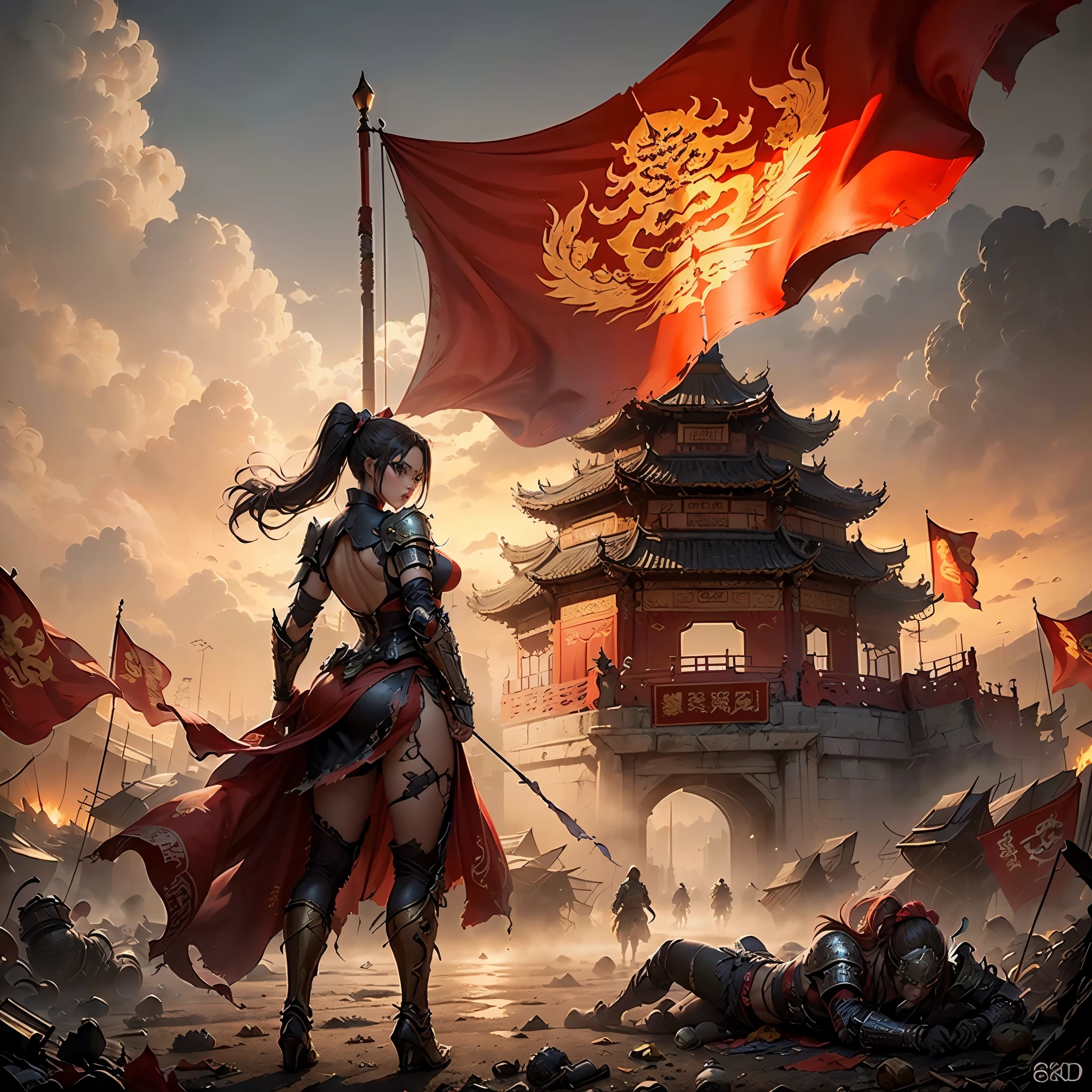 ((壮大な創造，中国の古代戦場，鎧を着た女性がぼろぼろになった赤い旗を持っている，至る所に死体，豊富なシーン詳細，包囲，遠くに高い城門が見える))，((8K+超高解像度+ウルトラHD+傑作+詳細)),(ハイポニーテール)