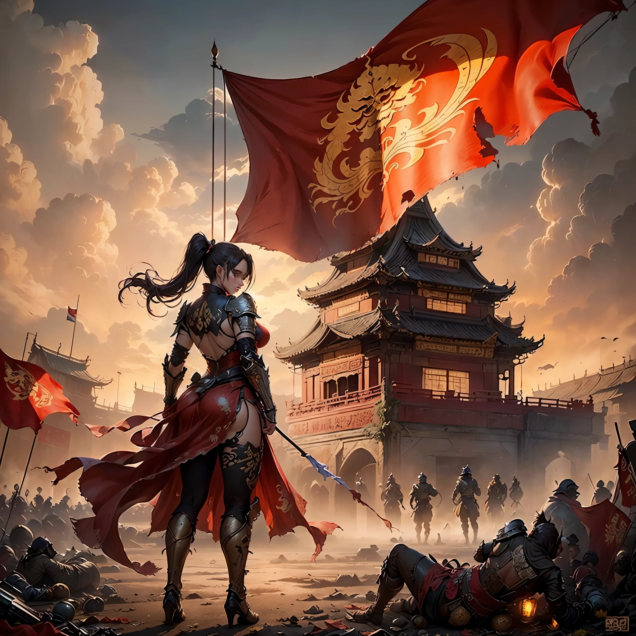 ((壮大な創造，中国の古代戦場，鎧を着た女性がぼろぼろになった赤い旗を持っている，至る所に死体，豊富なシーン詳細，包囲，遠くに高い城門が見える))，((8K+超高解像度+ウルトラHD+傑作+詳細)),(ハイポニーテール)