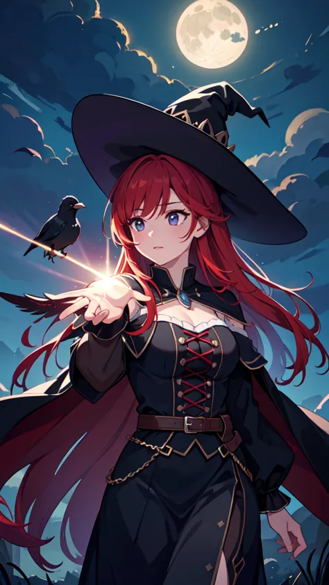 the prompt for stable diffusion generation is as follows:

"witch,rpg,sorceress,magic,red-haired woman,reaching for a crow,night...