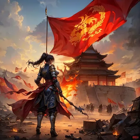 ((Epic creation，Ancient battlefield of China，A woman in armor holds a tattered red flag，bodies everywhere，Rich scene details，sie...