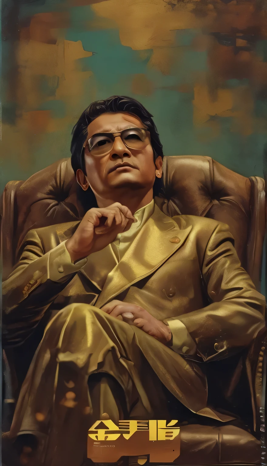 Il y a un homme assis sur une chaise，（Porter un costume argenté)，avec des lunettes à monture dorée，,, Hideaki Yasuno, bandit, biopic,  animé, À la manière de Wong Kar Wai, Comme Tony Leung, araki, L&#39;arrière-plan est une peinture de renommée mondiale，Un tableau célèbre