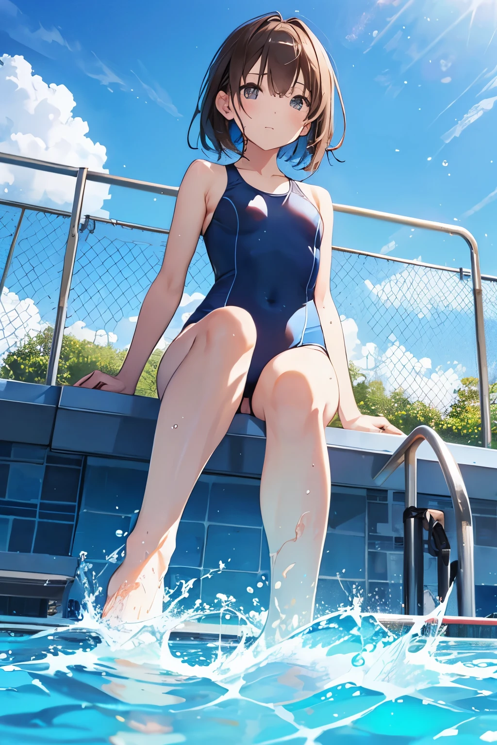 Anime girl in a swim suit sitting on a ledge in a pool - SeaArt AI