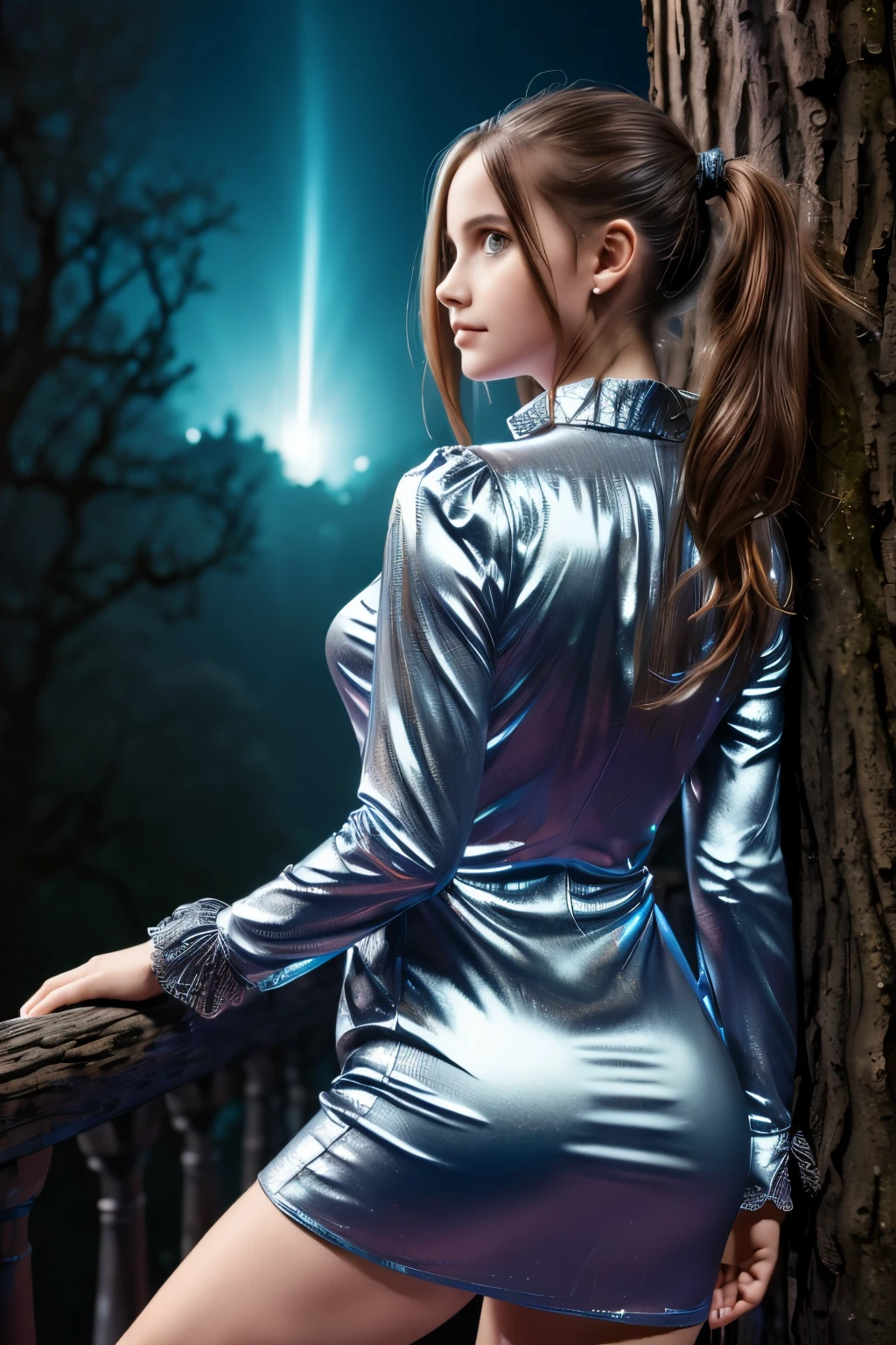 ((Super detailed,ultra high resolution,detailed background)),ancient city,dark forest at night,spooky,Chill,Inspiration,1 girl,wearing a minidress、Wearing a white collared long-sleeved blouse、facing away