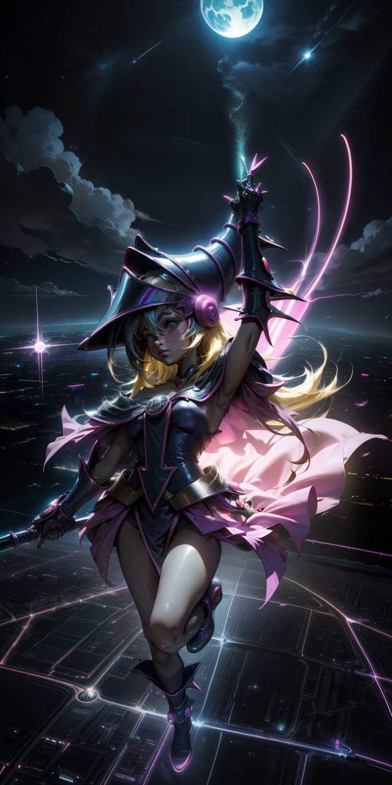 Mujer preciosa dark magician girl ( ciberpunk de neón ), El neón canta, iluminación de neón, RTX chica maga oscura iluminando volando en el aire. Encima de la ciudad a media noches. Luna llena. Cielos de estrellas. Mago oscuro volando