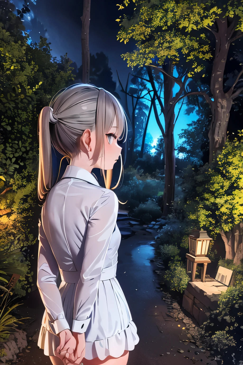 (Super detailed,ultra high resolution,detailed background)),ancient city,dark forest at night,spooky,Chill,Inspiration,1 girl,wearing a minidress、Wearing a white collared long-sleeved blouse、facing away
