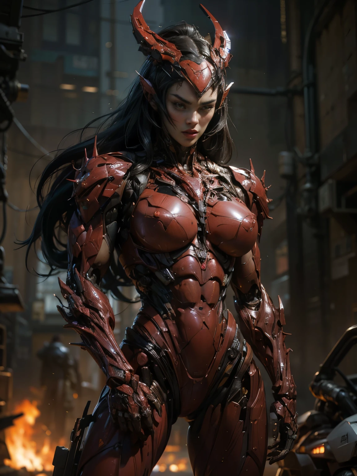 (Megan Fox), cinematic, super detailed, and insanely detailed, This work of art captures the essence of a hairless muscular android girl.. beautifully color-graded, improving the overall cinematic experience. Unreal Engine brings her anatomical cybernetic muscle suit to life, looks even more mesmerizing. Using depth of field (INFLUENZA), every detail is focused and accentuated, drawing attention to her eyes and the intricate design of her anatomical cybernetic muscular suit. . Image resolution at its peak, use of ultra-high resolution technology, ensuring the perfect quality of every pixel. cinematic lighting enhances her aura, while smoothing methods, such as FXAA and TXAA, keep the edges smooth and clean.. Adding realism to the anatomical cybernetic muscle suit, RTX technology provides ray tracing. Furthermore, SAO (Screen Space Ambient Occlusion) gives depth and realism to the scene, The girl's anatomical cybernetic muscular suit has become even more convincing. At the post-processing and post-production stages., tonal compression improves colors, creating a captivating visual experience. Интеграция CGI (Computer images) and visual effects (The visual effect smoothly reveals the complex features of the anatomical cybernetic muscular suit.. SFX (SFX) complement visual prowess, further immersing the viewer in this fantastic world. The level of detail is impressive, with complex elements, carefully crafted, works of art are hypermaximalistic and hyperrealistic. Volume effects add depth and dimension., and photorealism is incomparable. The image is displayed in 8K resolution., providing highly detailed graphics. The voluminous zipper adds a touch of magic., otherworldly emphasizing her beauty and the aura of her anatomical cybernetic muscular suit. Advanced dynamic dia