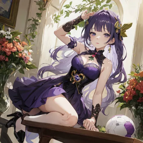 anime girl in purple dress sitting on a table with a soccer ball, ayaka genshin impact, marin kitagawa fanart, cute anime waifu ...