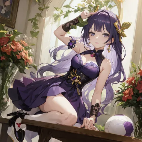 anime girl in purple dress sitting on a table with a soccer ball, ayaka genshin impact, marin kitagawa fanart, cute anime waifu ...