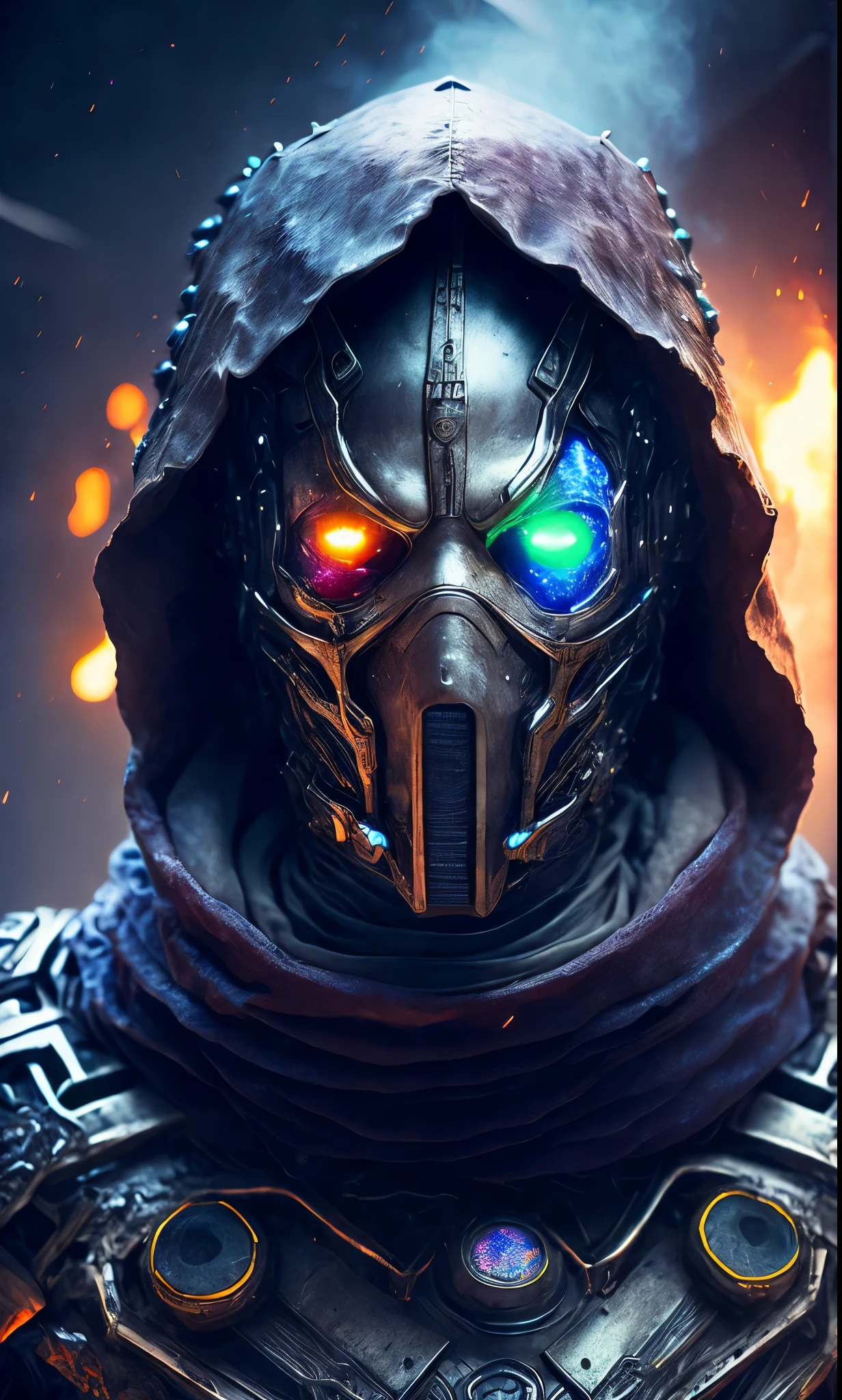 breathtaking cinematic science fiction photo of a portrait of a non human masked Grim wrapped in universal smoke chrome metal skin, body full glowing metrics inside, glowing multicoloured eyes, multifaceted eyes, metallic arms, inside a destroyed building, extremely menacing creature, highly detailed, award-winning