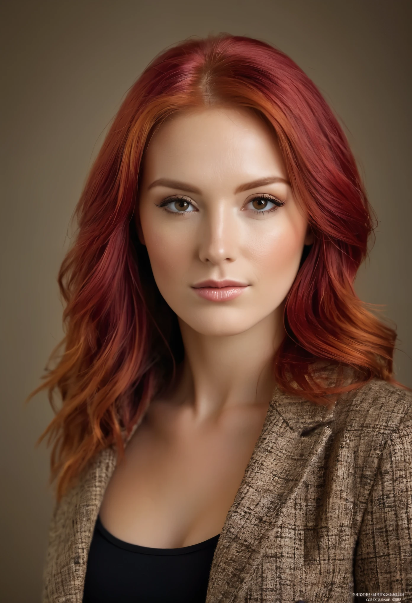 Beautiful red haired woman, wearing autumn-style clothes of soft studio lighting against a matchingbackground in a classical portrait style. The photography is photorealistic, with sharp focus and highly detailed in high resolution.It is an editorial photography shoot in the style of a professional photoshoot with a sony a7 R5 with a sony 135mm GM lens.
