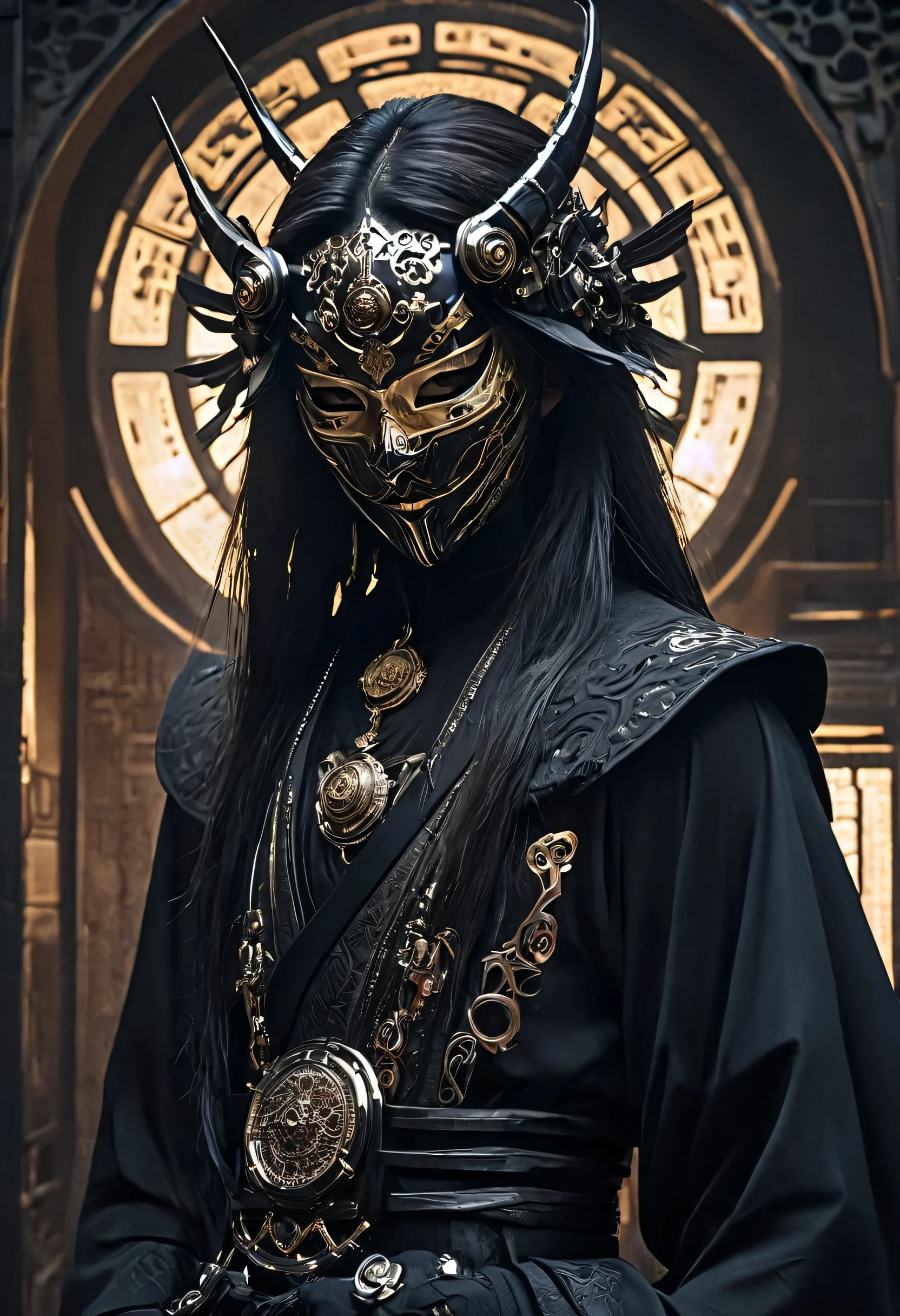 arafed image of a person dressed in a black outfit and a mask, very beautiful cyberpunk samurai, gothic - cyberpunk, orthodox cyberpunk, rococo cyberpunk, ornamental gothic - cyberpunk, ornate cosplay, occult cyberpunk, mystical post apocalyptic cyborg, steampunk angel, hyperdetailed fantasy character, steampunk aesthetic, steampunk fantasy style, japanese gothic, hyper - goth, beautiful male god of death