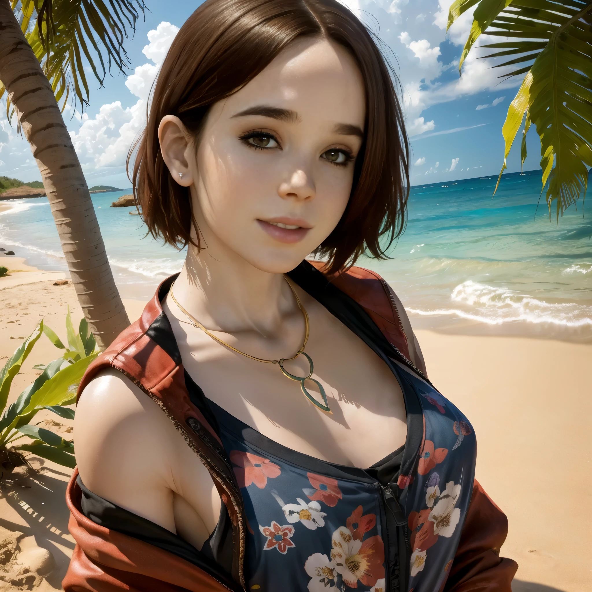 (melhor qualidade, 8K, 32 mil, obra de arte, Ultra HD:1.2),Foto de uma mulher bonita, cabelo bob muito curto,tronco,foco facial,Superdimensionado_camisa, colar,  fundo, de cima, Olhando para o visualizador, cabelo tingido de vermelho, Praia tropical, sorriso, jaqueta, tunic, SFW, liz.Ashley