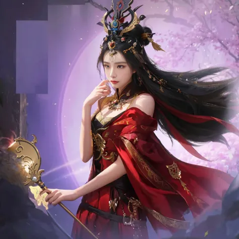 A girl in a skirt、ALAFAD image of a woman holding a fan, beautiful fantasy queen, full body xianxia, xianxia fantasy, Chinese Fa...