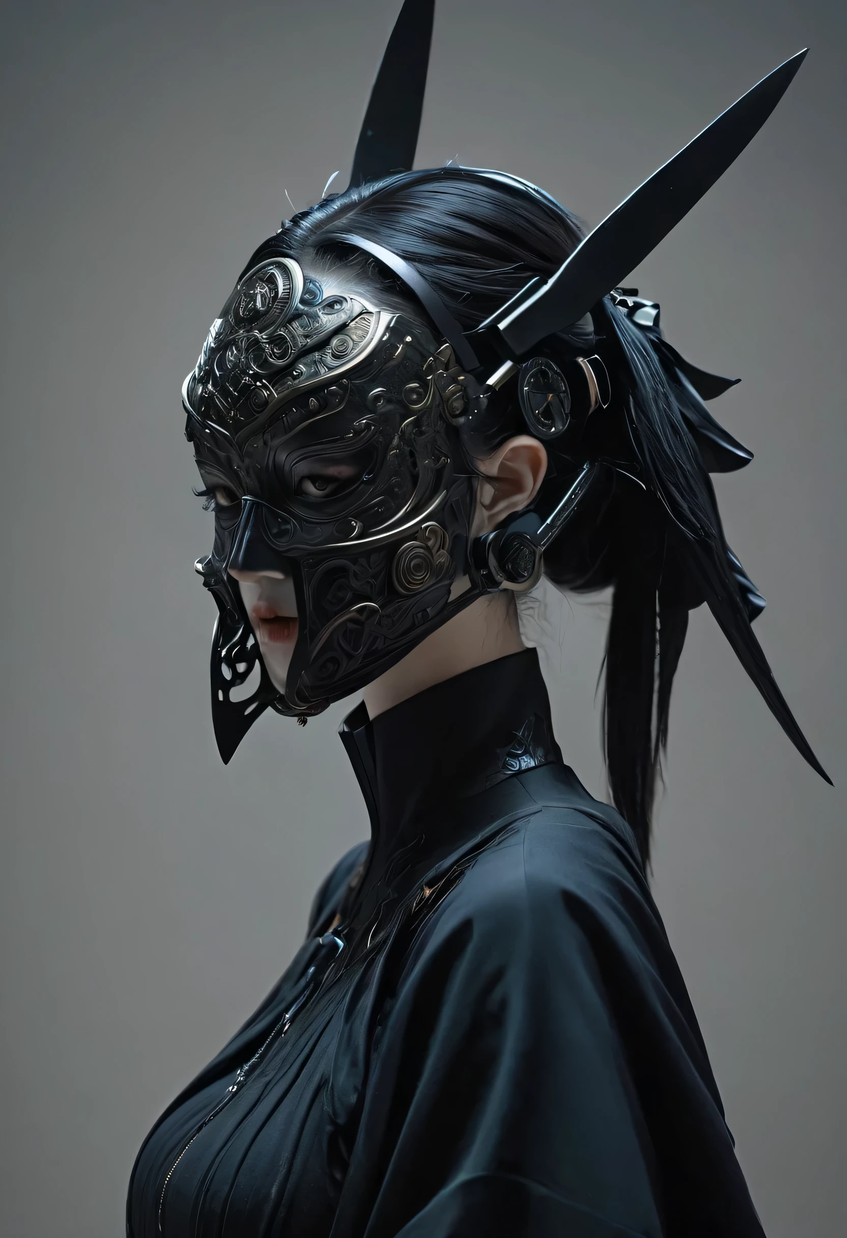 arafed image of a person dressed in a black outfit and a mask, very beautiful cyberpunk samurai, gothic - cyberpunk, orthodox cyberpunk, rococo cyberpunk, ornamental gothic - cyberpunk, ornate cosplay, occult cyberpunk, mystical post apocalyptic cyborg, steampunk angel, hyperdetailed fantasy character, steampunk aesthetic, steampunk fantasy style, japanese gothic, hyper - goth, beautiful male god of death