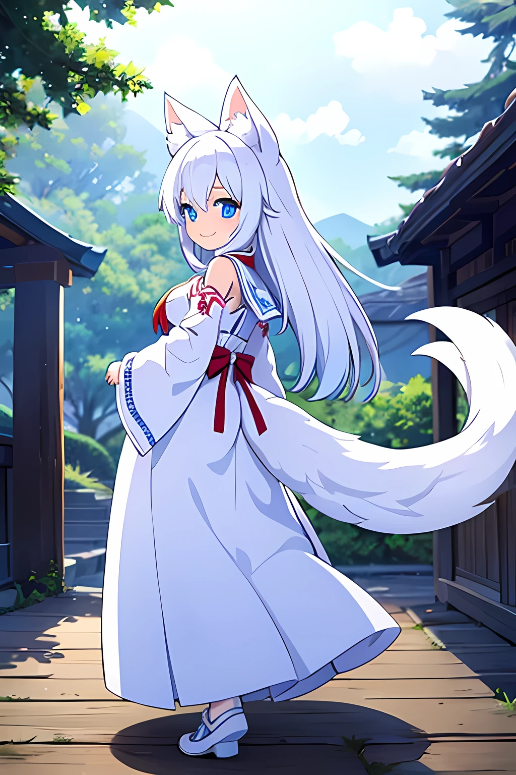 Teenage girl with white fox ears and a white fox tail, Bright Blue Eyes, long white hair, Blue and white shrine maiden costume.　Look back with a smile　The whole body is visible