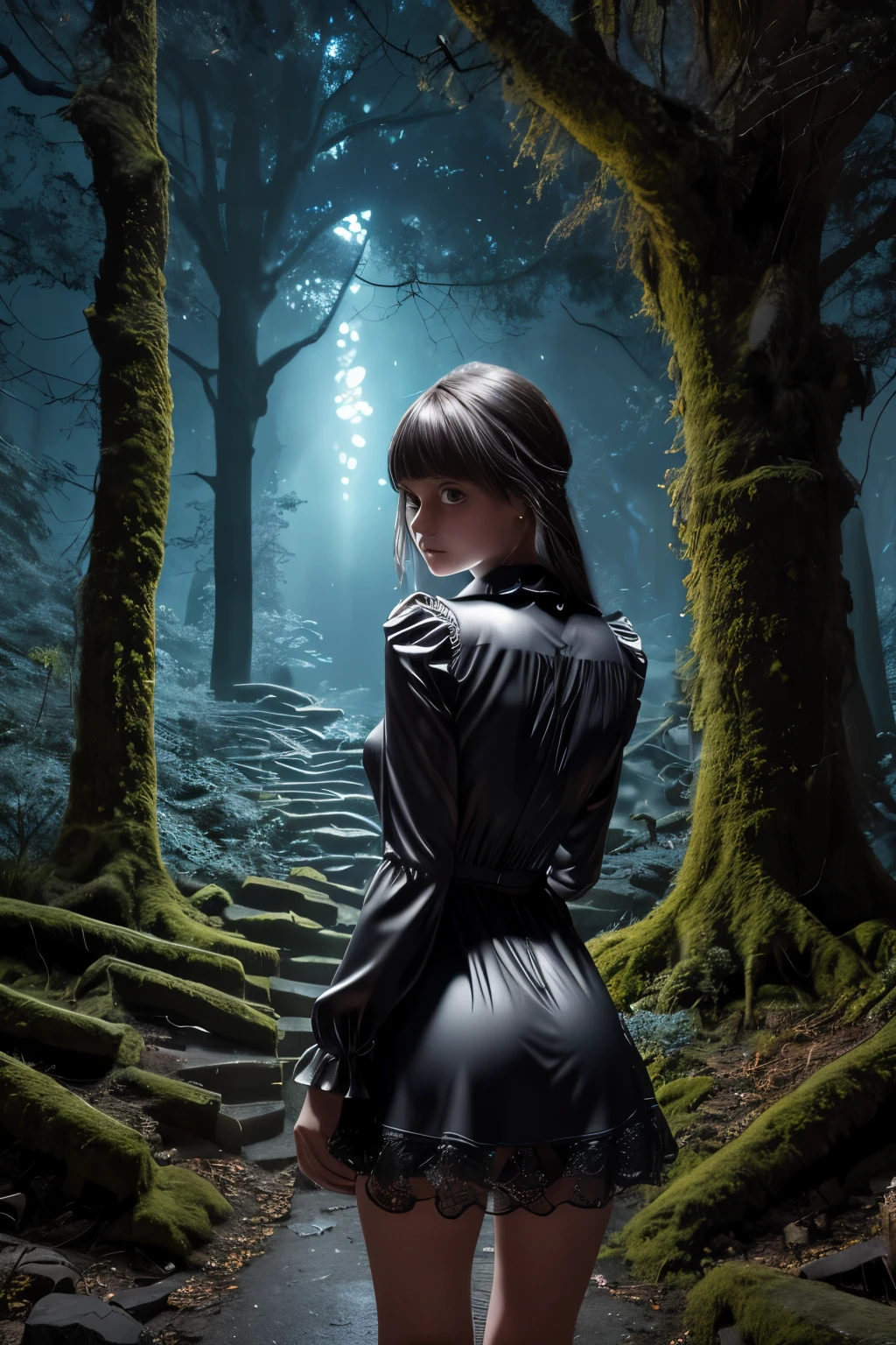 (Super detailed,ultra high resolution,detailed background)),ancient city,dark forest at night,spooky,Chill,Inspiration,1 girl,wearing a minidress、Wearing a white collared long-sleeved blouse、facing away 
