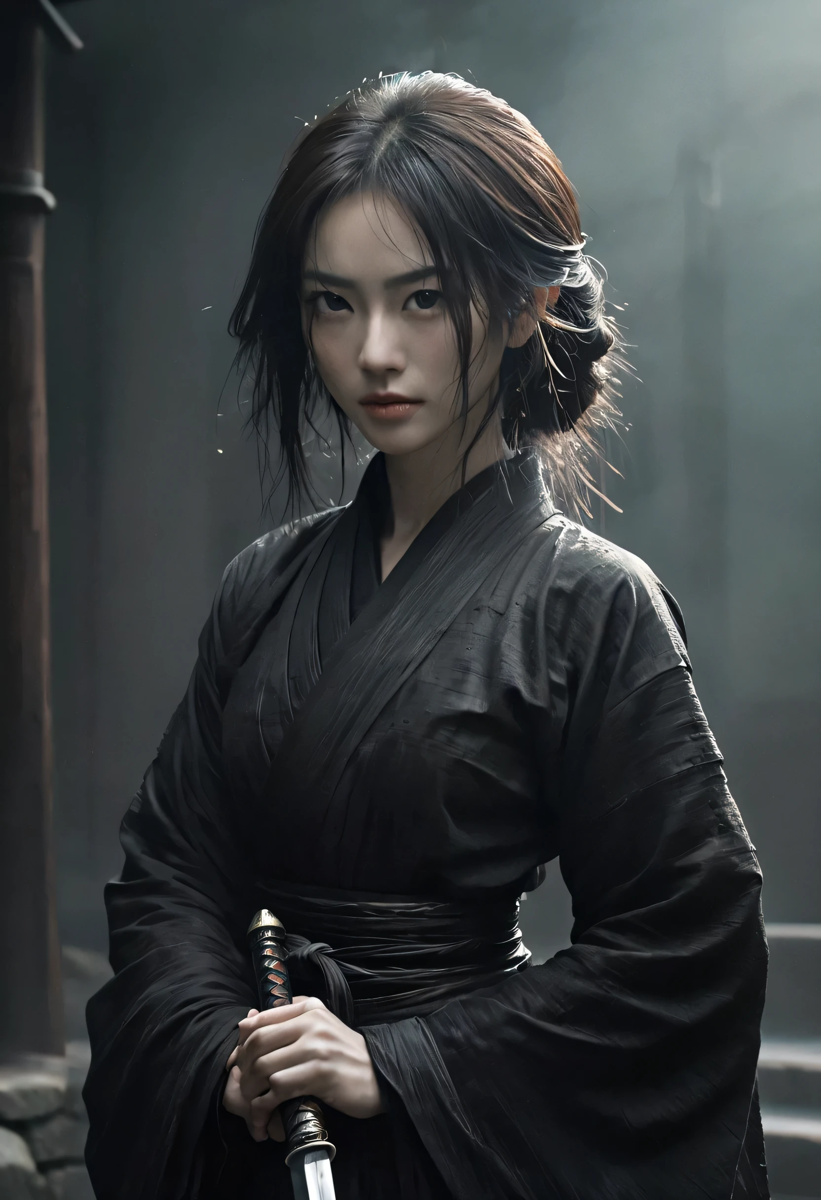 Photographic quality, capture the composition of a female samurai (face AnnaSophia Robb)  (Gothic Slavic girl) With a sword (katana) in hands and black gothic outfit, pointing sword(katana) on the enemy. hold the sword with both hands,Dark and ruthless hard - boiled style, Michelangelo, digital illustration art & Pen Tablet, Dark & Cold light —v 5.2,(Black Style),menacing pose,holds the handle of the katana firmly with both hands, Ferocious view, brandishes a katana,