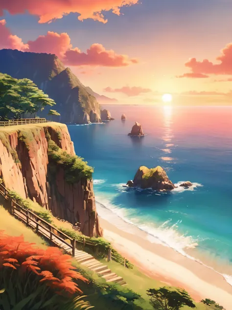 Dreamy anime scenery, a sunset beach view from a cliff, warm colours 