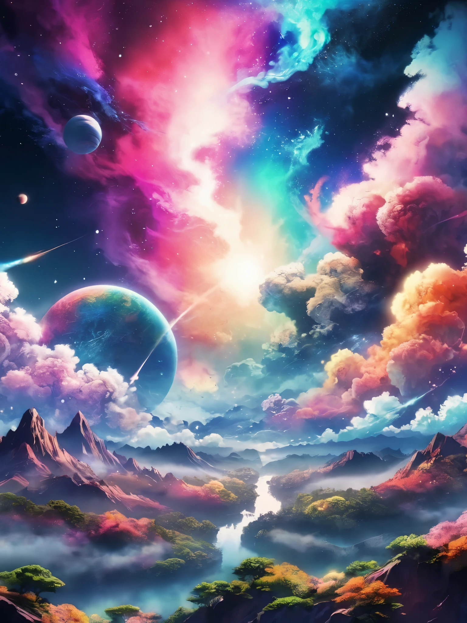 꿈꾸는 듯한 애니메이션 풍경, 여러 가지 빛깔의 우주 연기 