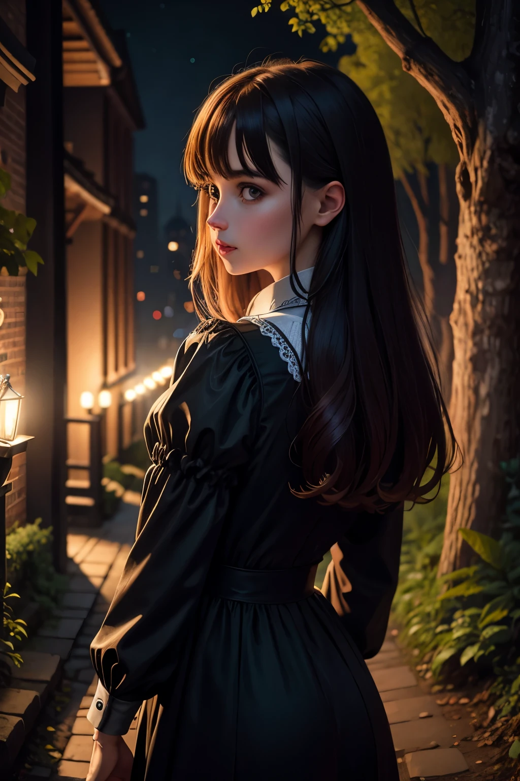 (Super detailed,ultra high resolution,detailed background)),ancient city,dark forest at night,spooky,Chill,Inspiration,1 girl,wearing a minidress、Wearing a white collared long-sleeved blouse、facing away
