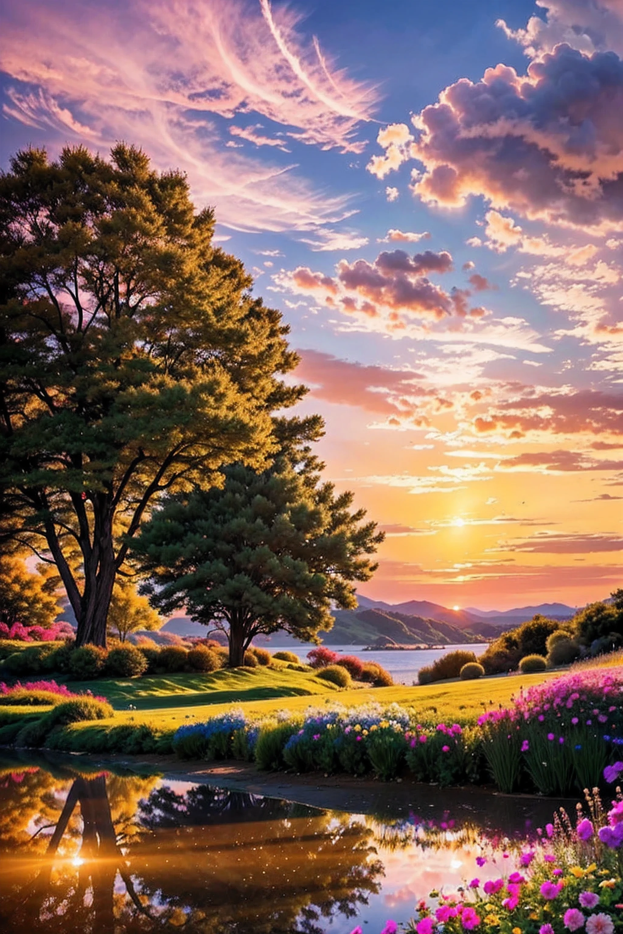 There is a beautiful sunset, the hillside is covered with flowers and plants, the flowers are up close, the colorful sky, the surreal colors, the colorful sunsets, the colorful sky, the marvelous sky reflection, the amazing sky, the fantastic atmosphere 8K, the colorful clouds, the color reflection on the lake, the surreal sky, the red and blue reflection, the fire reflection, the beautiful sky, the beautiful and spectacular dusk, the beautiful dream landscape, the amazing sky