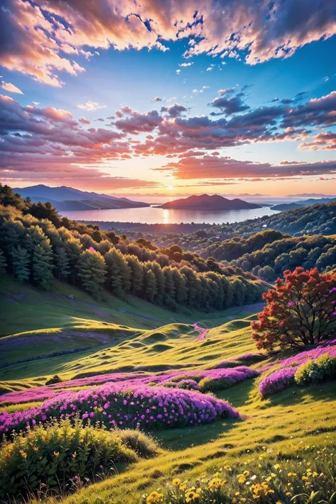 There is a beautiful sunset, the hillside is covered with flowers and plants, the flowers are up close, the colorful sky, the su...