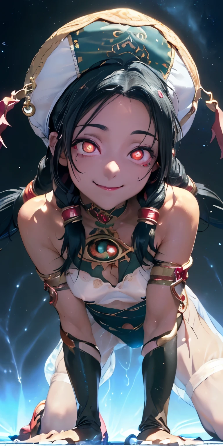 (masterpiece, best quality:1.3), (upper body:1.3), perfect face, expressive eyes, 1girl, looking at viewer, 14 years old, (slim body, small breast:1.3), beautiful, anime, girl, lora, talim, 1girl, dark skin, black hair, braid pigtails, white hat, arabic clothes, see-through, (all fours:1.5), (corrupt, brainwashed, hypnotized, mind controlled:1.5), (evil smile:2.0), (big cute eyes:1.5), (empty eyes, simple eyes, glowing red pupils:2.0), (crotch tattoo, glowing tattoo:1.5), (cinematic lighting, fairy tale, realistic, dream-like, enchanting atmosphere:1.5), (fantastic and beautiful night sky, abandoned park:1.5),