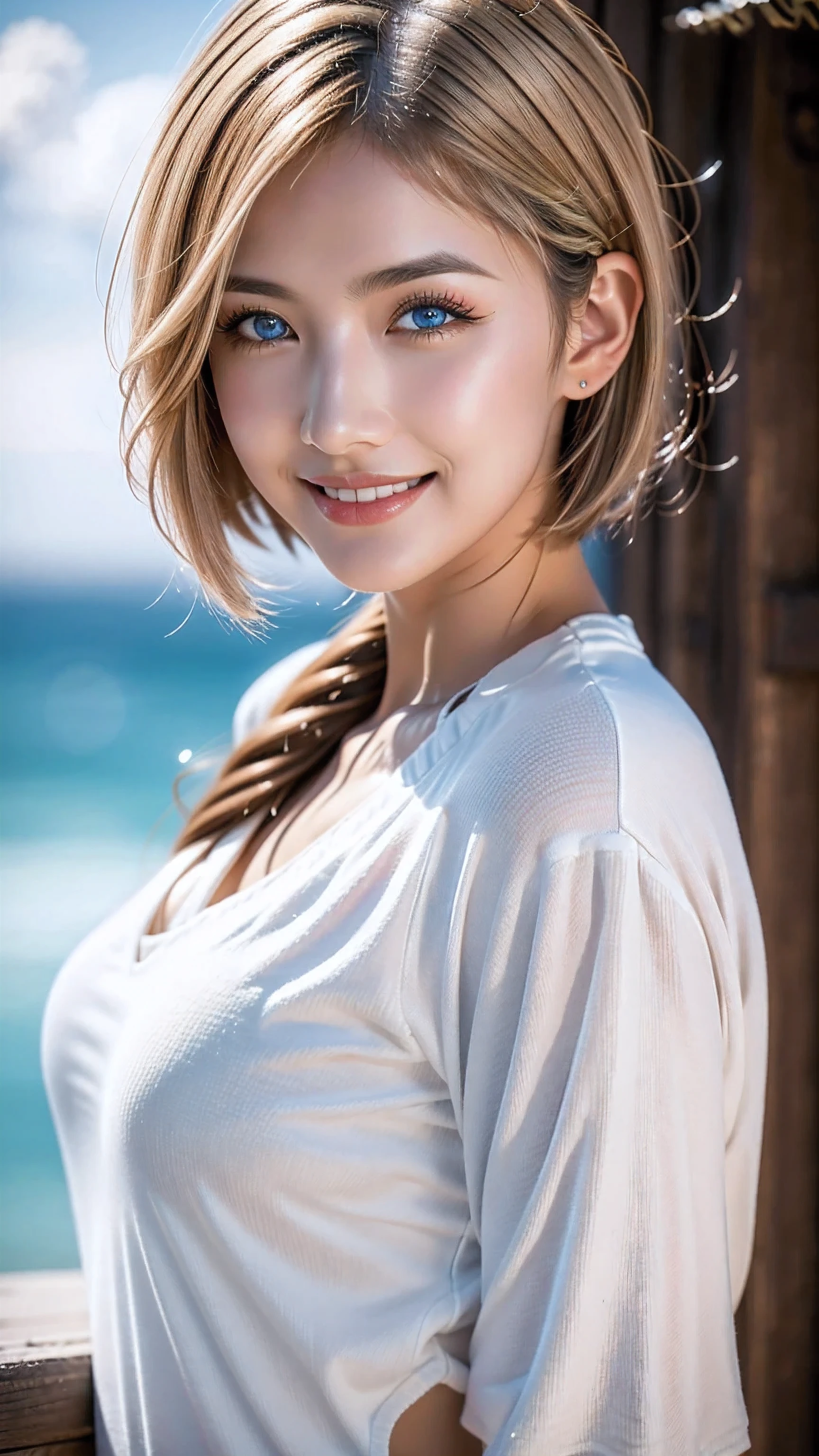 {{masterpiece, best quality, extremely detailed CG, unity 8k wallpaper, cinematic lighting, }}, Sony α7, wide frame, South Pacific, during war with Asian powers, wind blowing on Aegis ship, 1 Girl, Full Body, smile, she is a US Navy sailor, Caucasian, 20 Years Old, Smile, Blonde Hair, Short Bob, blue eyes , long eyelashes ,