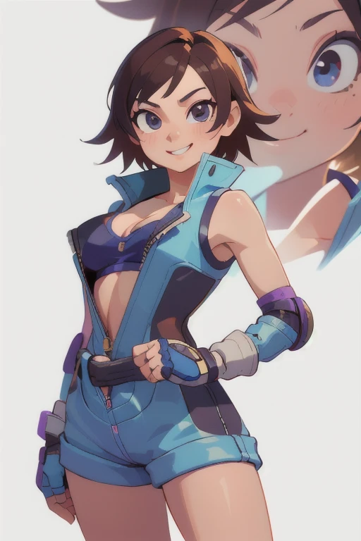 (masterpiece, 4k, high quality, colorful, super detailed eyes and face:1.2), cowboy shot, solo, 1girl, kazama asuka, smile, looking at viewer, jumpsuit, unzipped, short shorts, elbow pads, (fingerless gloves:1.1), clothes around waist, navel, cleavage
