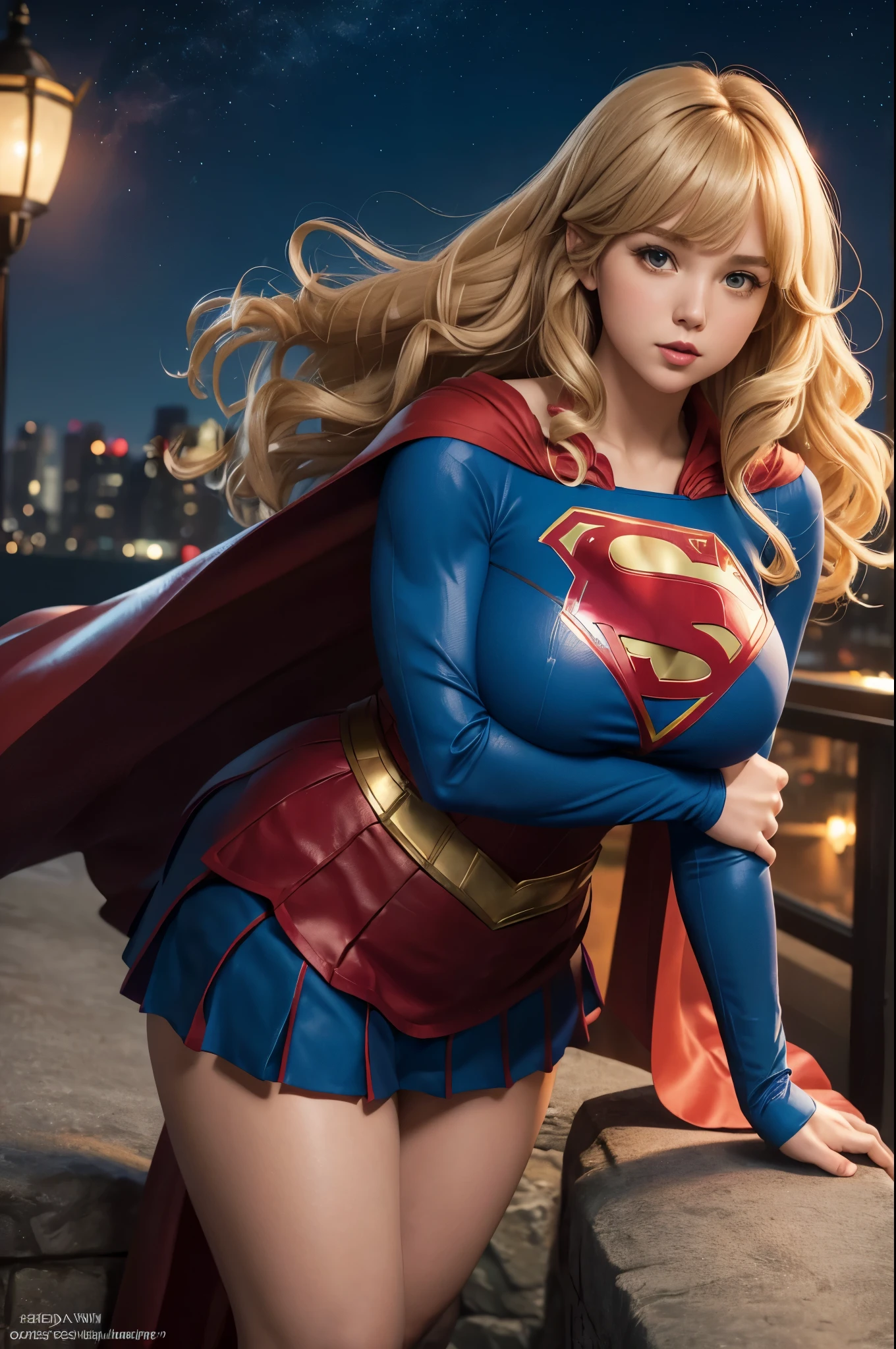 Supergirl, 27 years old, full body shot, Beautiful woman shoulder length curly blonde hair, two side up with bangs, ringlets, shoulder length curly blonde hair with bangs, two side up, ringlets, shoulder length curly blonde hair with bangs, two side up, ringlets, figure : (very full figure, curvy, chubby, very soft, very thick, big breasts, sexy, sexy pose, fat thighs). clothes: (long sleeve blue top, flowing red cape, pleated red skirt of Supergirl, long sleeve blue top, flowing red cape, pleated red skirt of Supergirl , long sleeve blue top, flowing red cape, pleated red skirt of Supergirl ). penthouse garden city night