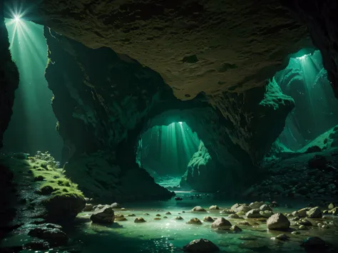 (best quality,4k,8k,highres,masterpiece:1.2),ultra-detailed,(realistic,photorealistic,photo-realistic:1.37), cave, emerald cryst...