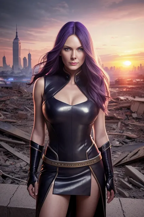 kirsten dunst、torn suit、i'm wearing a skirt、masterpiece, 1 girl, マーベルのサイロックとしてbeautiful女性, x-men psylocke cosplay、purple suit、fi...