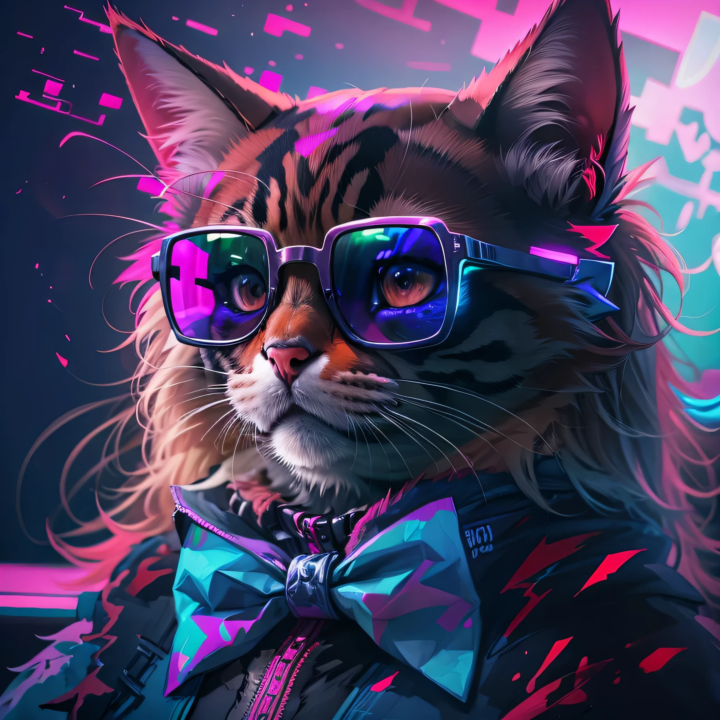 Da ist eine Katze, die eine Sonnenbrille und eine Fliege trägt, Synthwave-Kunststil ]!!, Synthwave-Kunststil, pelzige digitale Kunst, tolle Katze、4 k Synthwave-Kunststil,Cyberpunk Cat, Sieht wirklich cool und stylisch aus, Synthwave Art, digitale Kunst Tierfotografie, Synthwave-Stil, epische Retrowave-Kunst, Nur ein Scherz, Tapete 4k