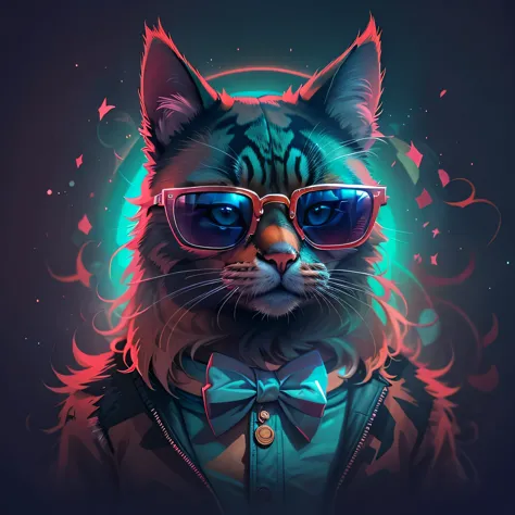 There is a cat wearing sunglasses and a bow tie, Vector art inspired by Mike Winkelmann, Shutterstock, fur art, Synthwave Art st...