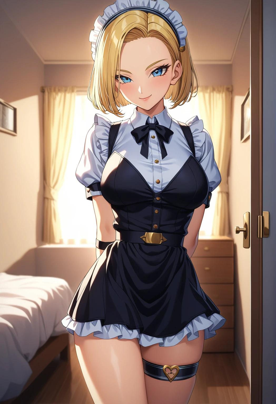 sysdeep_android18, 1girl, solo, breasts, looking_at_viewer, smile, short_hair, blue_eyes, blonde_hair, (highly detailed skin), (golden hour), photographic, gorgeous, glamourous , large breasts, bedroom, cowboy shot, arms behind back, thigh strap, maid headdress, wrist cuffs,