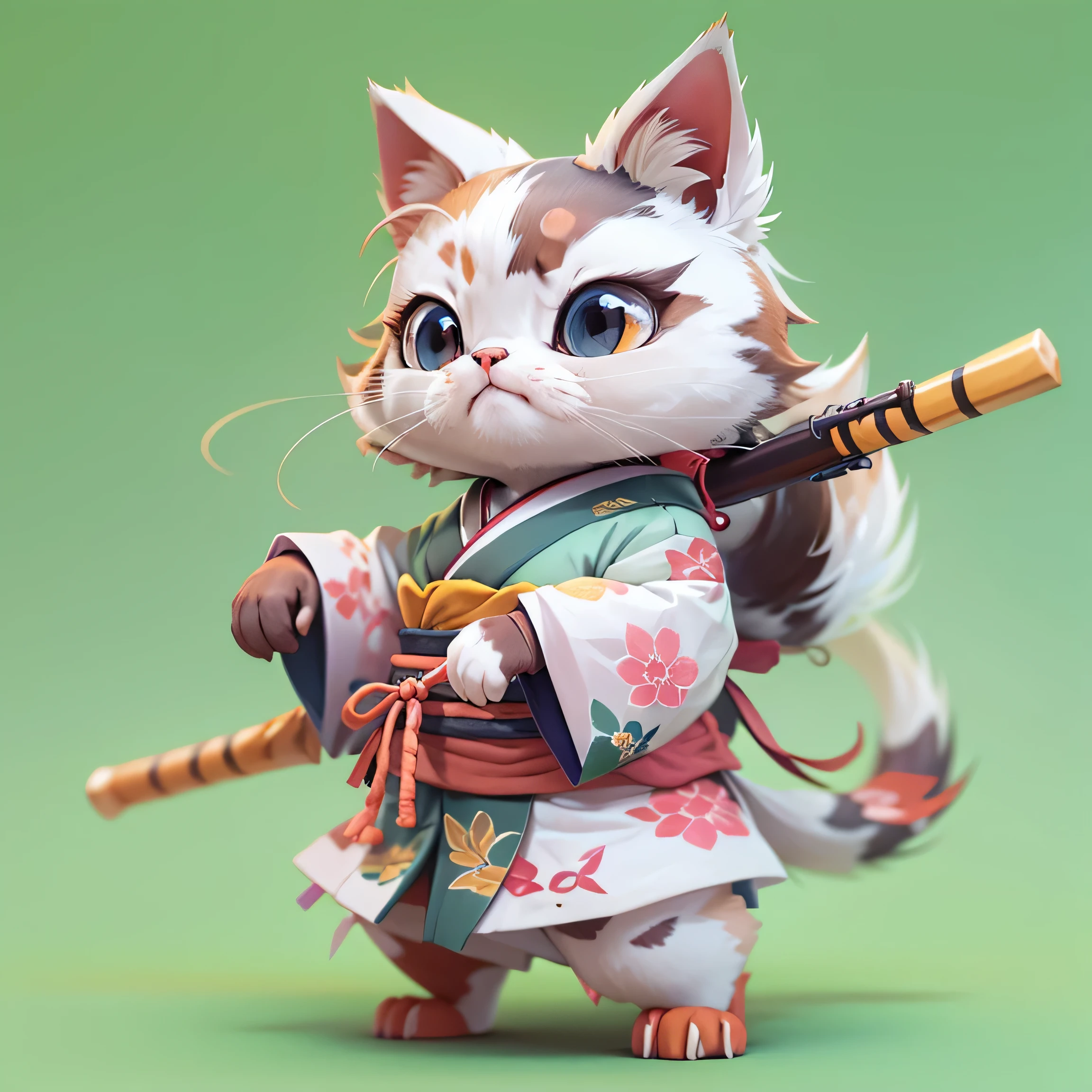 Hay un gato que lleva un kimono., gato samurái, ninja gato antropomorfo, adorable pintura digital, inspirado en Miao Fu, Linda representación 3d, Modelo 3D de una mascota japonesa., Arte digital lindo y detallado., gato animado, lindo arte digital, cgi japonés, gata antropomorfa, Imágenes visuales de anime de gatos lindos