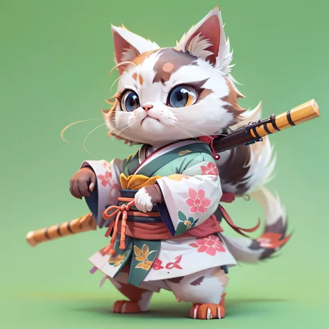 There is a cat wearing a kimono, Samurai Cat, anthropomorphic cat ninja, Adorable digital painting, Inspired by Miao Fu, Cute 3D...