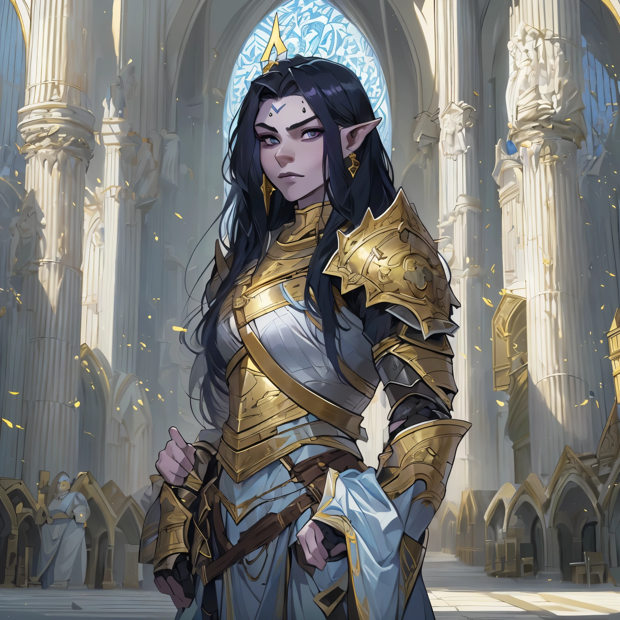 masterpiece, best quality, highres, absurdres, best quality, (Medium Full Portrait:1.5), (((Beautiful 1Women Orc))), (light-blue skin), 20-years-old, long black hair, bright violet eyes, ((gold and white simple half-plate armor)), background: a beautiful sunny cathedral.