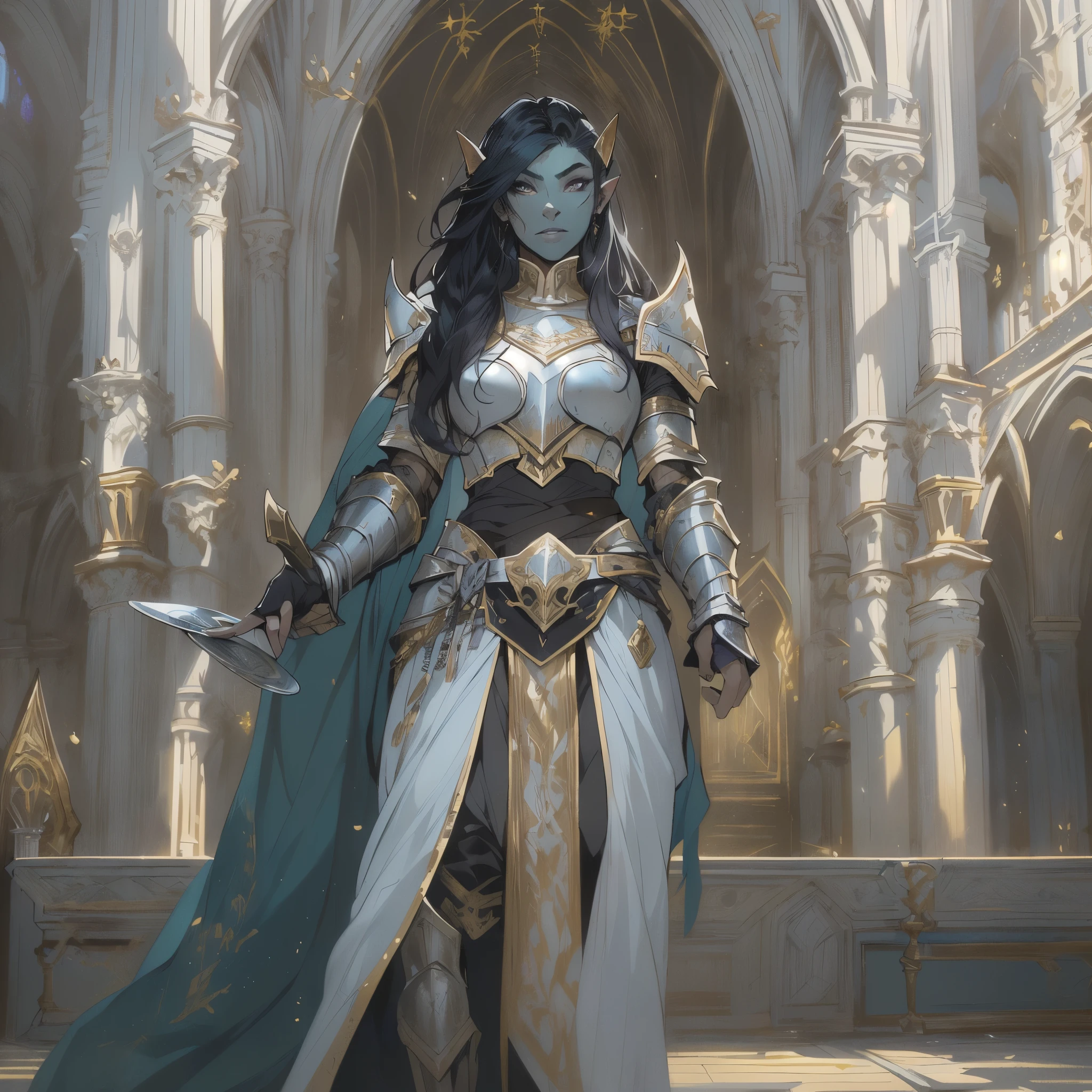 masterpiece, best quality, highres, absurdres, best quality, (Medium Full Portrait:1.5), (((Beautiful 1Women Orc))), (light-blue skin), 20-years-old, long black hair, bright violet eyes, ((gold and white simple half-plate armor)), background: a beautiful sunny cathedral.