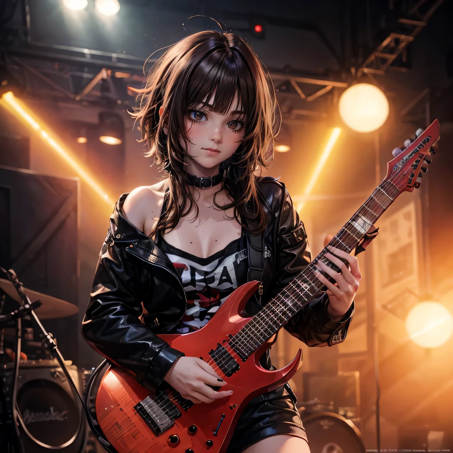 a girl, (super detailed face), bright lips, red lipstick, crazy smile, (brown eyes), (bright eyes), (beautiful expressive brown eyes), (super detailed eyes), eyeliner, (black hair, messy hair, short hair), (realistic hair), (small, round breasts), punk rock costume, playing electric guitar, confident expression, striking pose, dynamic lighting, vibrant colors, neon light in the background, stage, hyper-realism, cinematic lighting, masterpiece, best quality, high resolution, textured skin, anatomically correct, 8k wallpaper, eletric guitar.