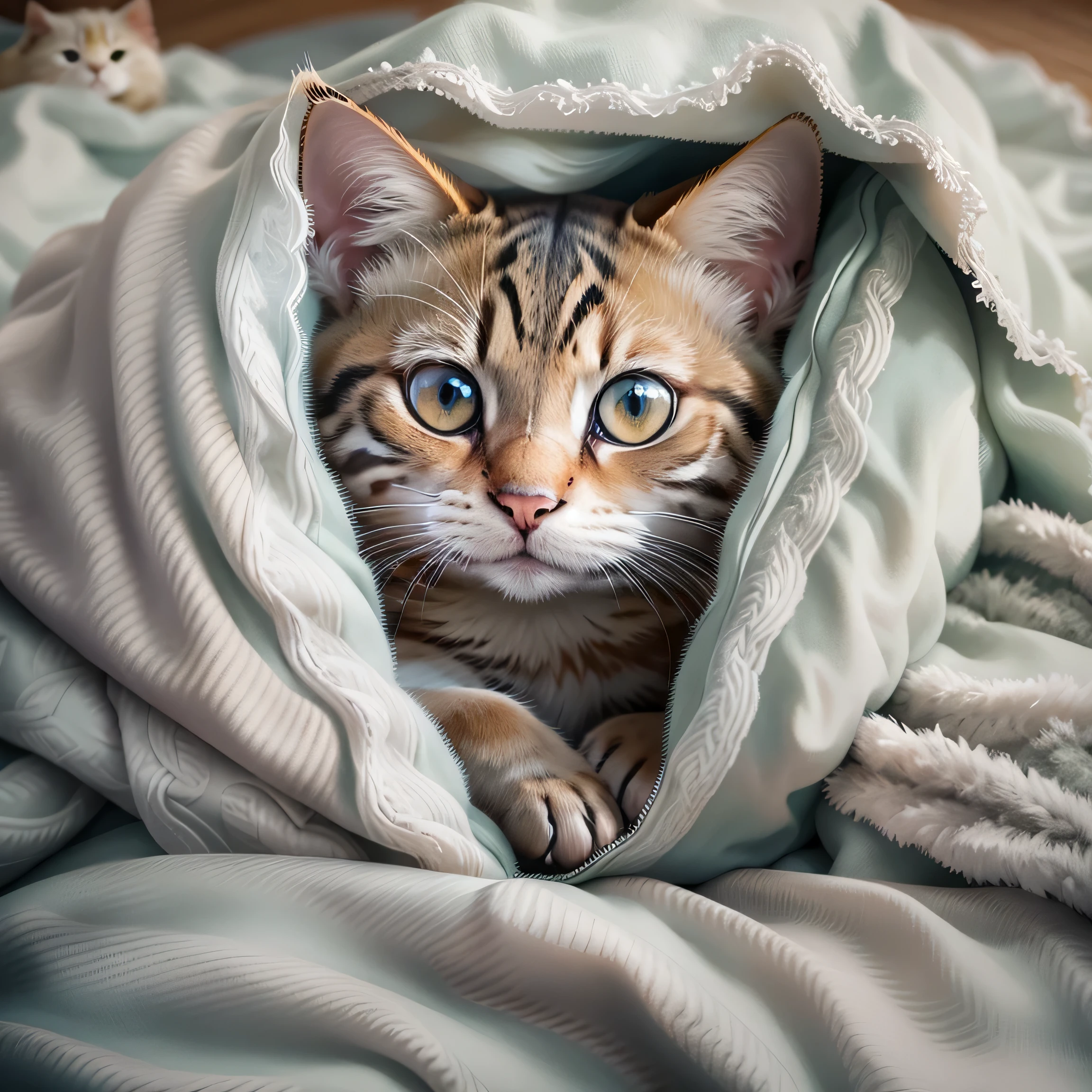there is a cat that is 隐瞒 under a blanket, 蜷缩在被子里, 隐瞒, 凝视着你, 舒服地躺在毯子下, 猫图片, 盖上毯子, Cute 猫图片, 惊恐的表情, 生病的猫躺在卧室里, 看着镜头, 有着可爱的眼睛, 成立, 锐眼, 可爱的猫