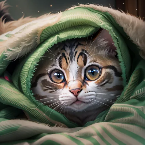 there is a cat that is concealment under a blanket, curled up under the covers, concealment, Staring at you, comfortable under t...