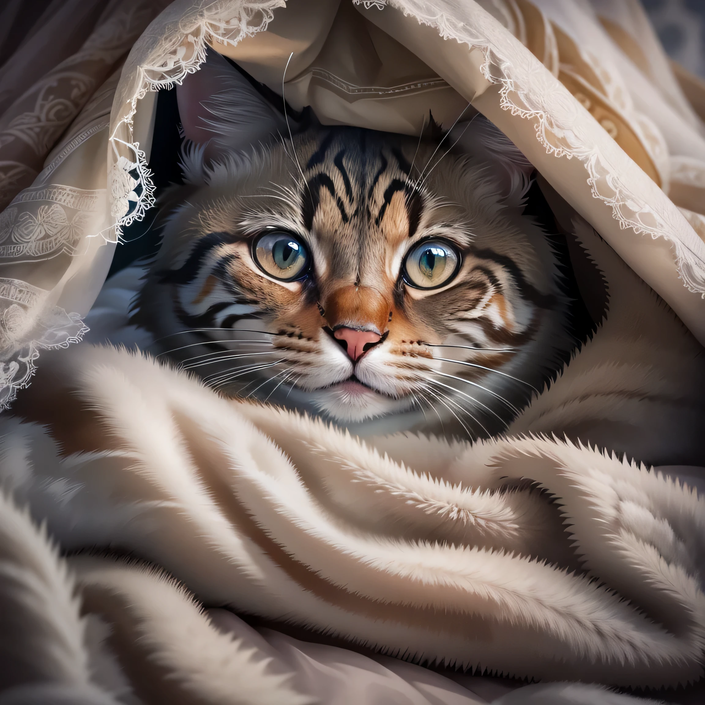 hay un gato que se esconde debajo de una manta, una foto de Niko Henrichon, contraventana, Photorealism, acurrucado bajo las sábanas, concealment, MIRANDOTE, cómodo debajo de la manta, Fotos De Gatos, cubierto con una manta, Cute Fotos De Gatos, expresión asustada, Gato enfermo acostado en el dormitorio., mirando a la cámara