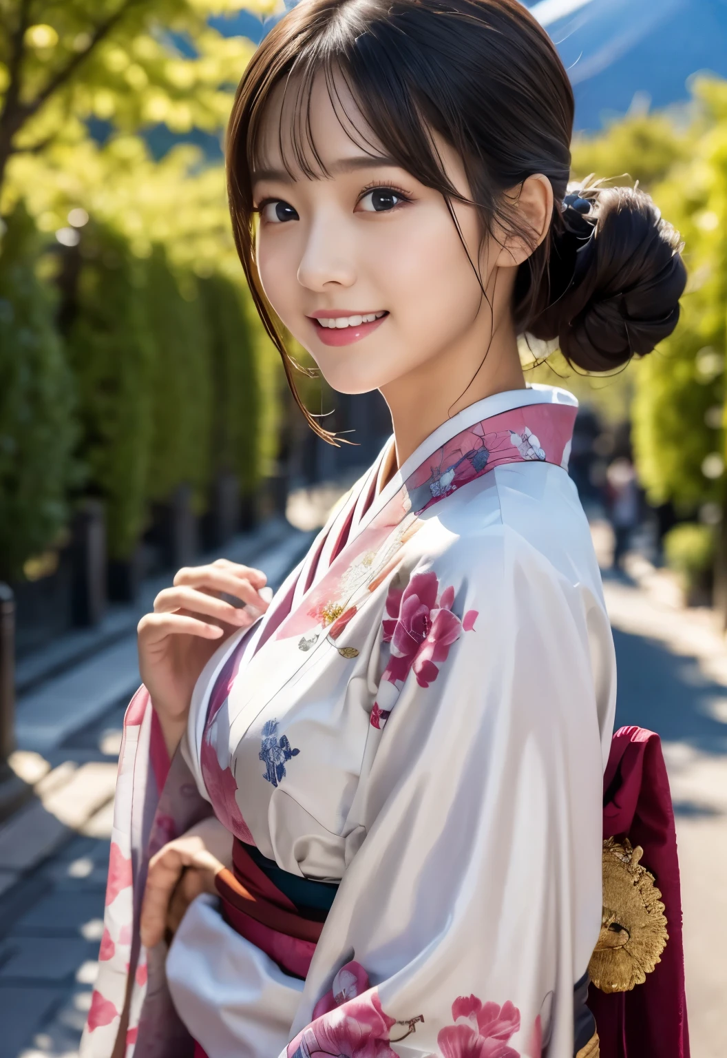 (masterpiece, best quality:1.1), (8k, raw photo, photo realistic:1.2, f22), (shiny skin), detailed skin, Bun Hair,detailed face, detailed eyes, smile,BREAK, real world, intricate details, smil, BREAK, 1girl, (kimono), BREAK, (Mt.Fuji:1.4), BREAK