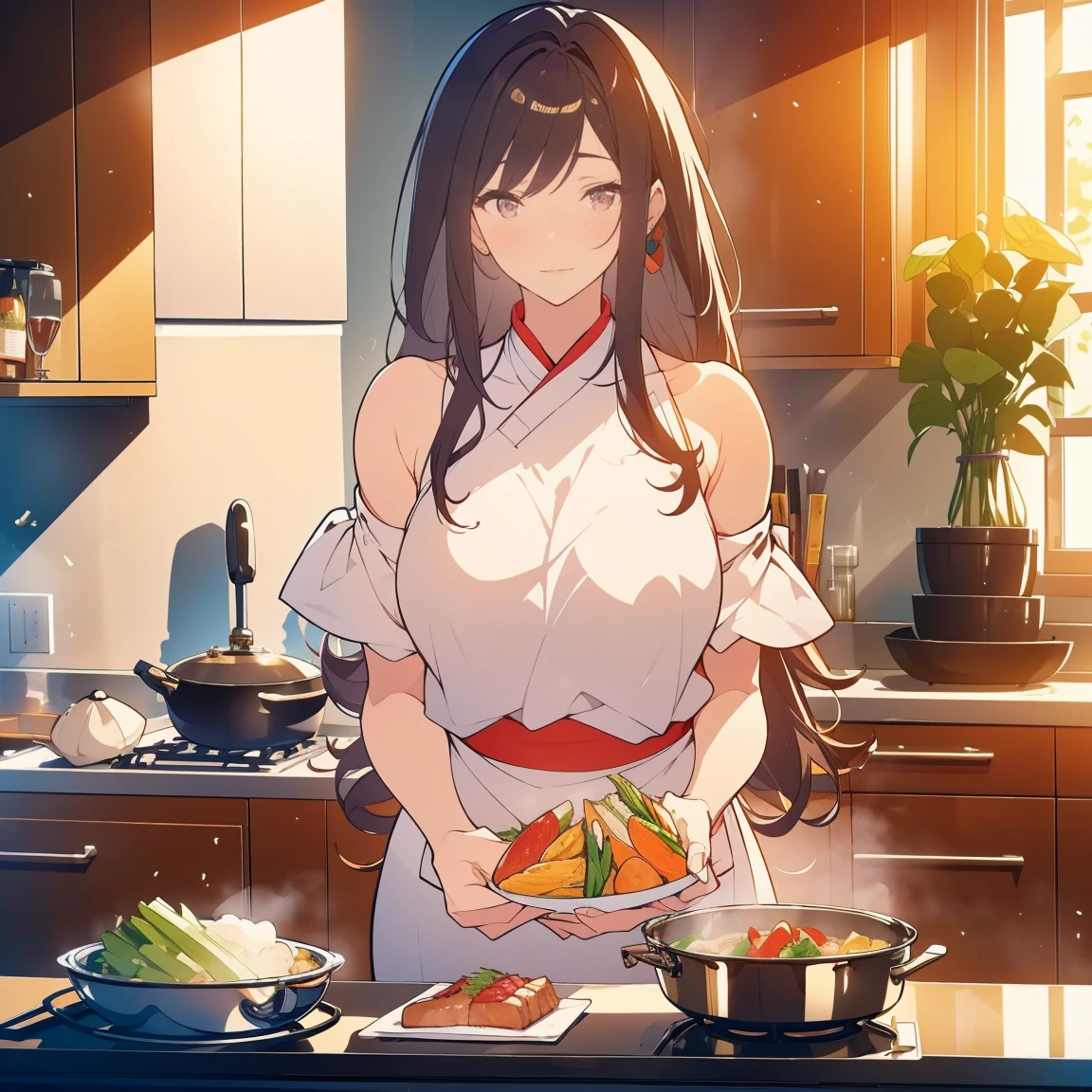 Tang Wutong, grande, wearing off-the-shoulder sweater and cotton shorts, home kitchen。,(best quality,4k,8k,highres,masterpiece:1.2),ultra-detailed,(realistic,photorealistic,photo-realistic:1.37),kitchen scene, natural lighting, vibrant colors, detailed background, Tang Wutong with beautiful almond-shaped eyes, luscious lips, and expressive facial features, long wavy hair cascading down to her waist, relaxed and confident posture, preparing a delicious meal on a granite countertop, surrounded by fresh vegetables and fruits, a bouquet of colorful flowers on the table, a pot simmering on the stove, steam rising gently, rays of sunlight streaming through the window, casting a warm glow on the scene, creating a cozy and inviting atmosphere, showcasing Tang Wutong's culinary talents and her stylish yet casual fashion sense, an elegant and modern kitchen with sleek appliances and glossy finishes, highlighting the luxurious and high-end aesthetic, creating a captivating blend of beauty, artistry, and gastronomy.